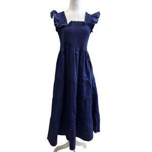 Hill House Home Nap Dress Womens Large Blue Smocked Ruffle Strap Tiered Midi‎